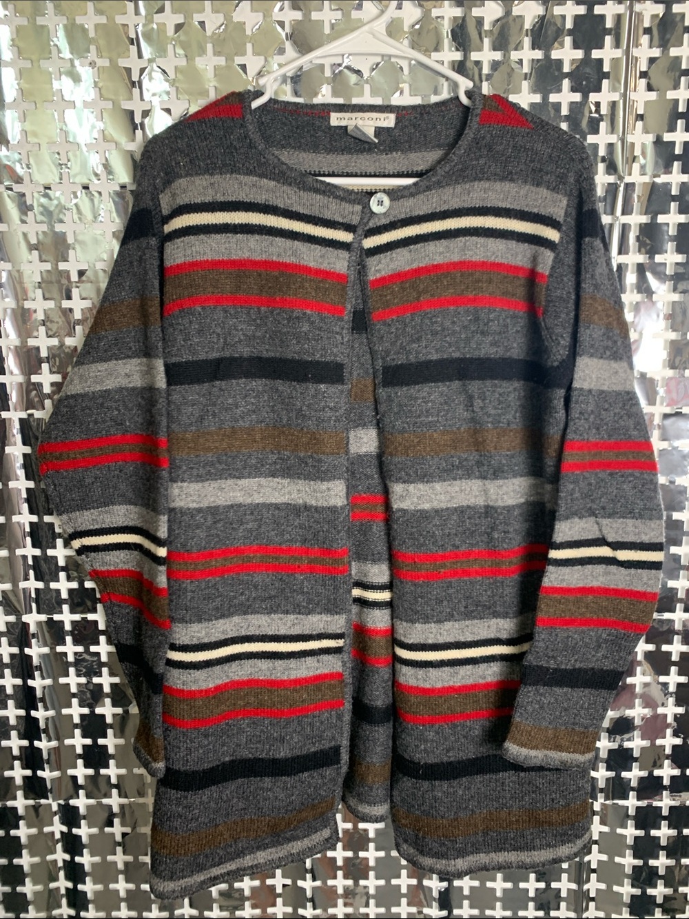 Marconi Grey Striped Open Cardigan with Red Accents
